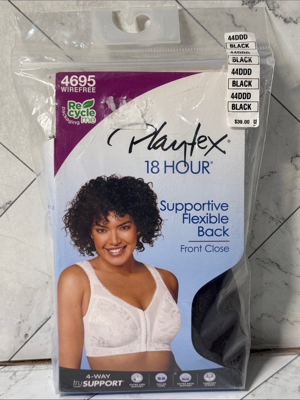 NWT Playtex 18 Hour Front-Closure with Flex Back Wireless Bra Black 44DDD